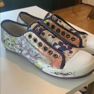 Ed Hardy Floral Slip-On Sneakers in Purple and Cream with Orange Accents